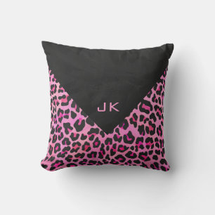 Coussin Monogramme Leopard noir et rose chaud