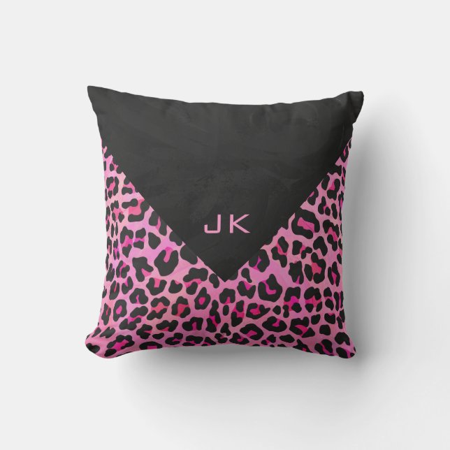 Coussin Monogramme Leopard noir et rose chaud (Recto)
