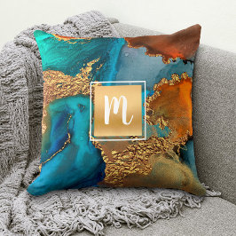 Coussin Monogramme marbre aquarelle or turquoise orange
