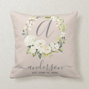 Coussin Monogramme Mariage Keepsaké blanc fleuri Wreath