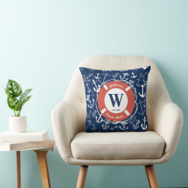 Coussin Monogramme marine Ancre bleue Maison de plage