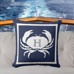 Coussin Monogramme Marine Bleu Crabe Blanc Nautique