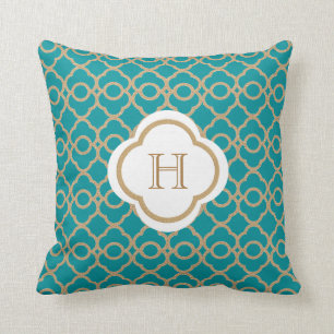 Coussin Monogramme marocain Turquoise et or