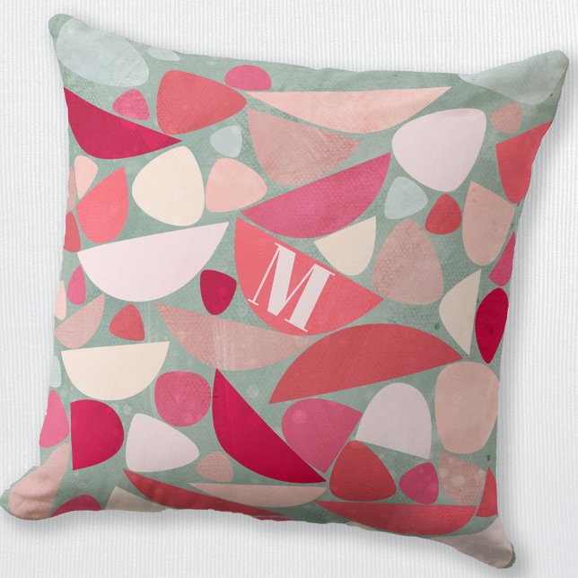 Coussin Monogramme moderne Abstrait (Modern Monogram abstract pink red and sea foam green personalized throw pillow)