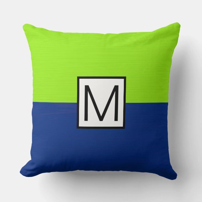 Coussin Monogramme moderne bleu foncé et chaux élégant (Recto)