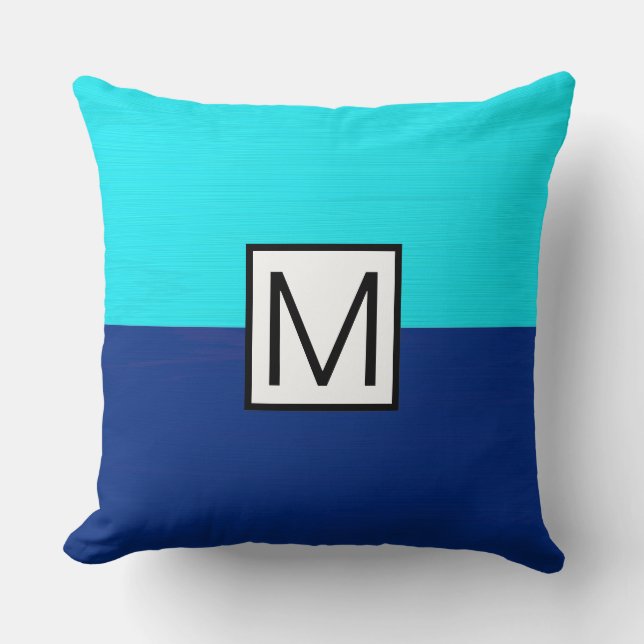 Coussin Monogramme moderne bleu foncé et cyan élégant (Recto)