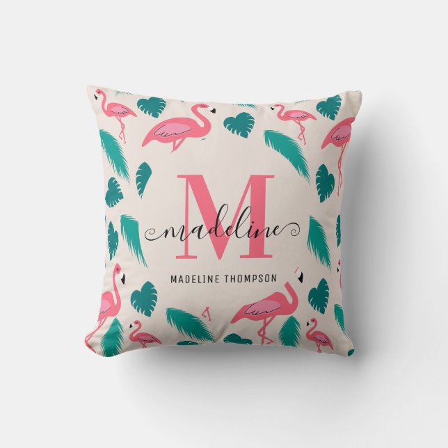 Coussin Monogramme Moderne Flamant Rose Tropical Feuilles (Recto)