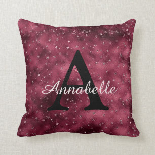 Coussin Monogramme moderne Glam Bourgogne Argent Étoiles É