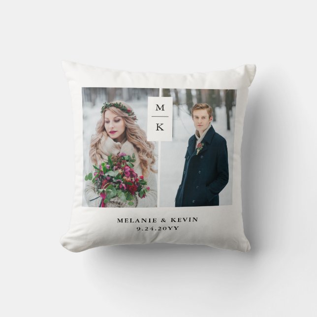 Coussin Monogramme moderne | grille de deux photos (Recto)