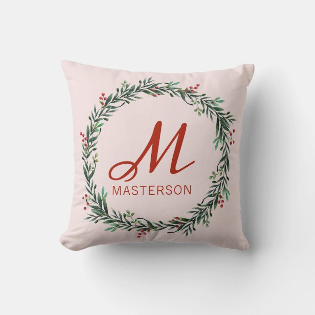 Coussin Monogramme moderne Holly Wreath Noël (Recto)