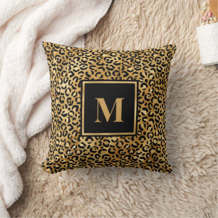 Coussin Monogramme Moderne Imprimé Léopard Noir Or