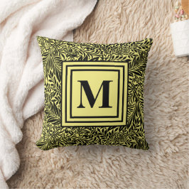 Coussin Monogramme moderne Motif de feuillage jaune et noi