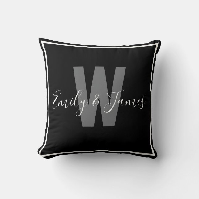 Coussin Monogramme moderne noir blanc bordé de deux bordur (Recto)