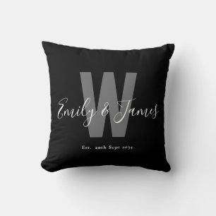 Coussin Monogramme moderne noir blanc Couple Date