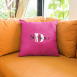 Coussin Monogramme moderne noir et blanc rose vif