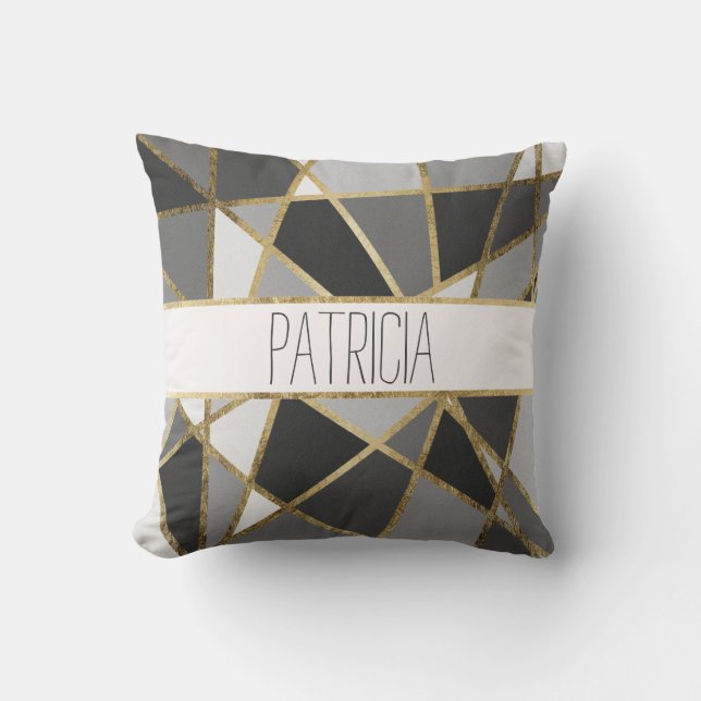 Coussin Monogramme moderne noir et gris de triangles d'or (Recto)