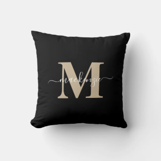 Coussin Monogramme moderne noir et or élégant Nom