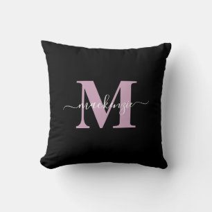 Coussin Monogramme moderne noir et violet élégant Nom