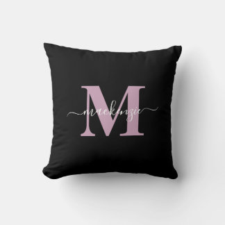 Coussin Monogramme moderne noir et violet élégant Nom