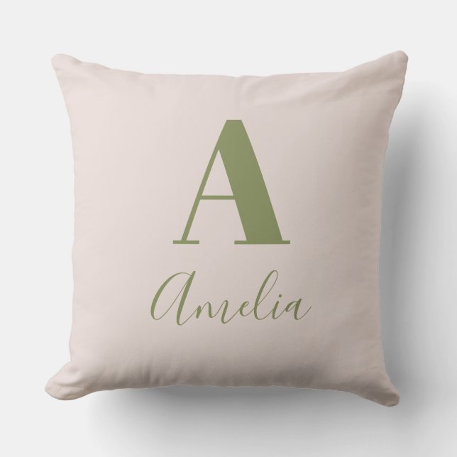 Coussin Monogramme moderne Nom Beige Sage Vert (Recto)
