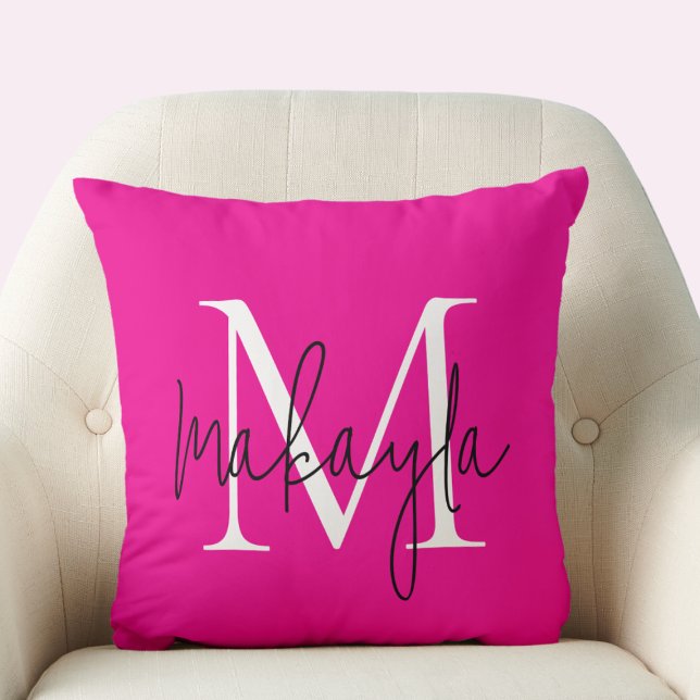 Coussin Monogramme moderne Nom de script Hot rose (Créateur téléchargé)