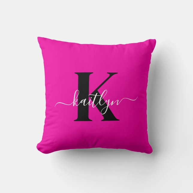 Coussin Monogramme moderne rose noir écriture script (Recto)