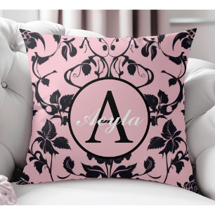 Coussin Monogramme moderne Rose rose et noir Damask