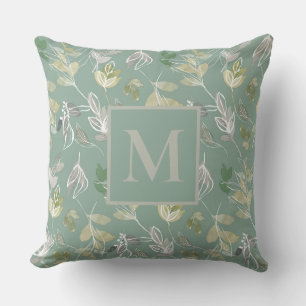 Coussin Monogramme moderne Sage Vert Silver Feuille Foliin
