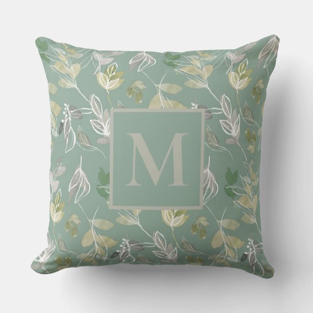Coussin Monogramme moderne Sage Vert Silver Feuille Foliin (Recto)