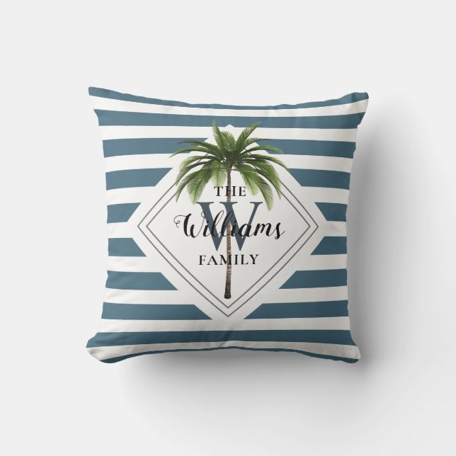Coussin Monogramme moderne Tropical Palm Tree Blue Stripes (Recto)
