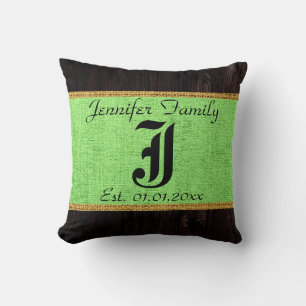 Coussin Monogramme Monnaie vert Burlap Russe Linge en bois