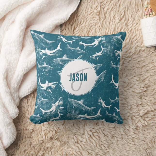 Coussin Monogramme Motif de requins bleus en détresse (Couverture)