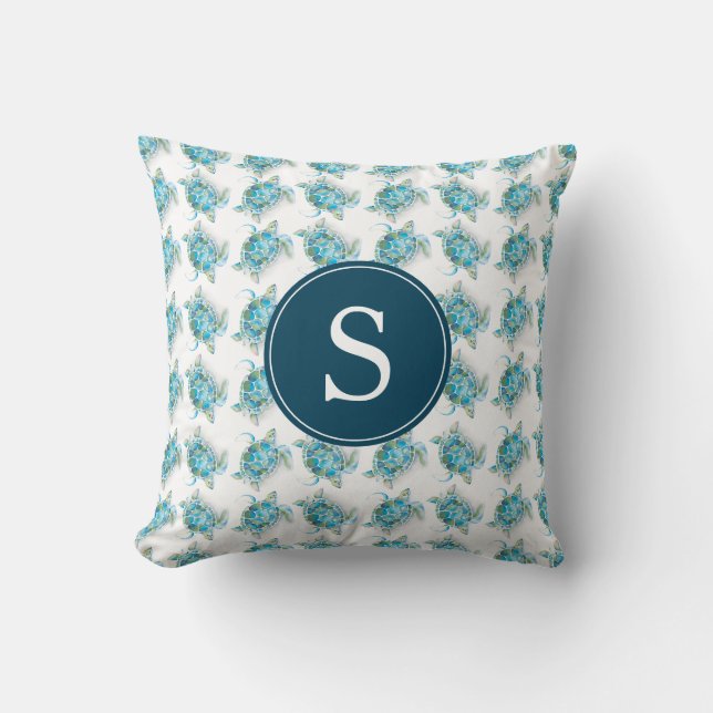Coussin Monogramme Motif de tortue de mer bleu (Recto)