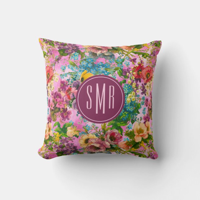 Coussin monogramme motif vintage violet rose (Recto)
