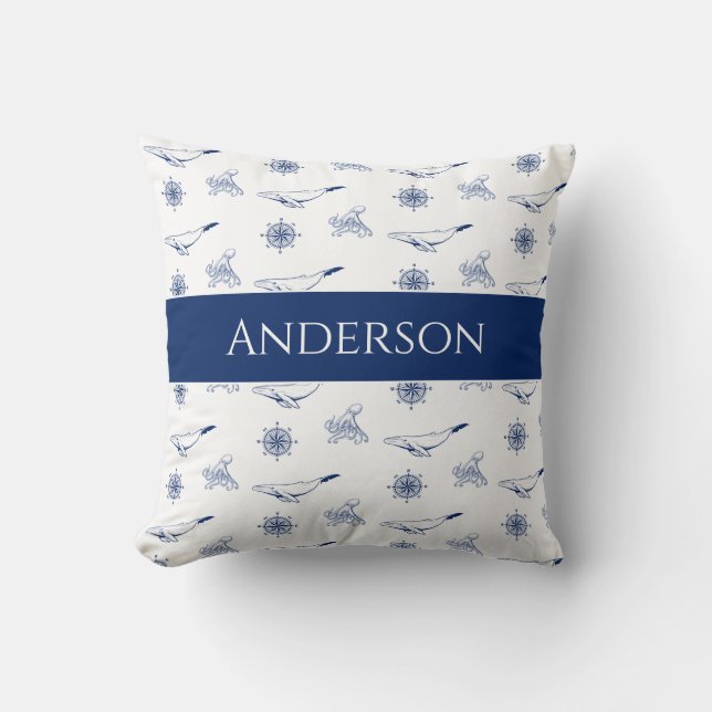 Coussin Monogramme nautique Baleines et poulpe marine Blan (Recto)