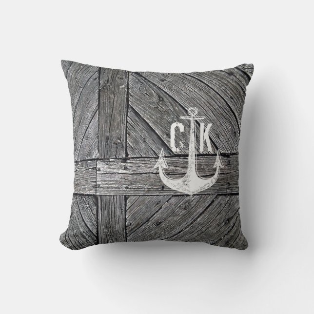 Coussin Monogramme nautique d'ancre vintage en bois (Recto)