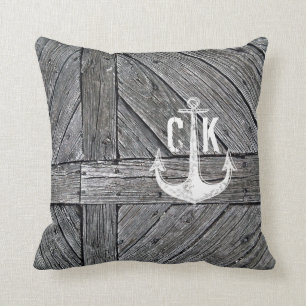 Coussin Monogramme nautique d'ancre vintage en bois