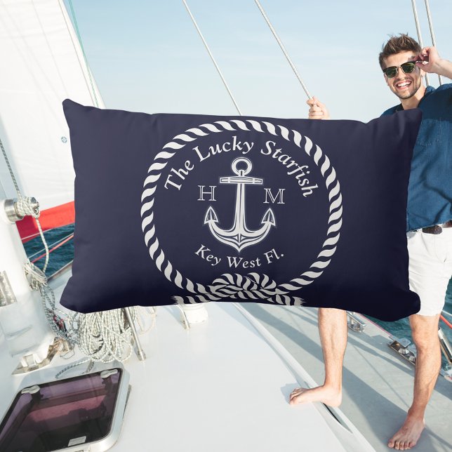 Coussin Monogramme Nautique Nom du bateau Ancre Corde Mari (Créateur téléchargé)