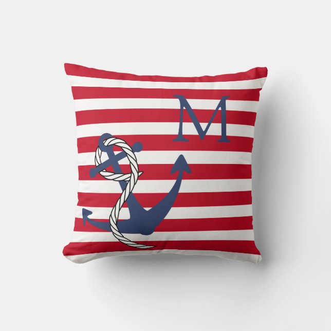 Coussin Monogramme Nautique Rouge Blanc Blancs Ancre Marin (Recto)