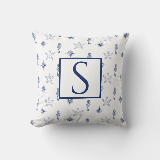 Coussin Monogramme nautique Seahorse Starfish Marine Blue (Recto)