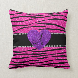 Coussin Monogramme néon rose parties scintillant zèbre ray