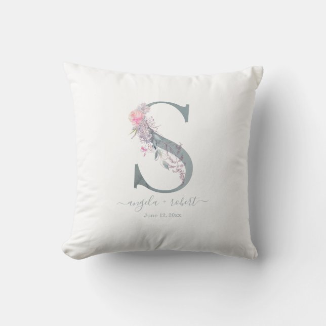 Coussin Monogramme neuf S Aquarelle rose pâle Floral (Recto)