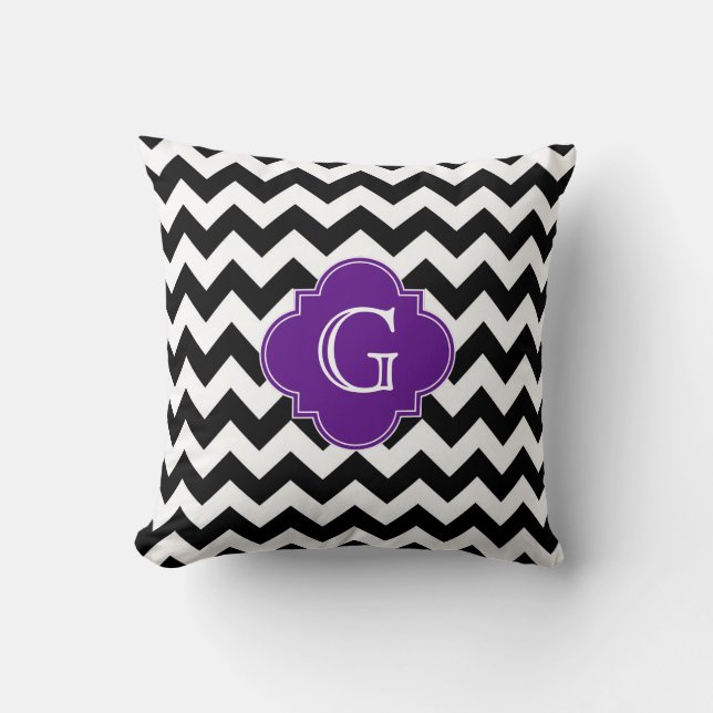 Coussin Monogramme noir blanc Chevron violet Quatrefoil (Recto)