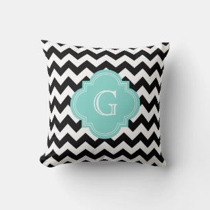 Coussin Monogramme noir blanc Chevron Zig-Zag Turquoise