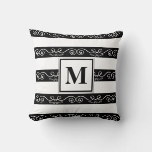 Coussin Monogramme Noir Blanc rayé