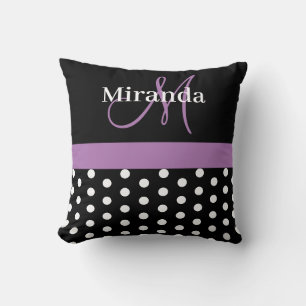 Coussin Monogramme noir blanc violet Écriture Points polka