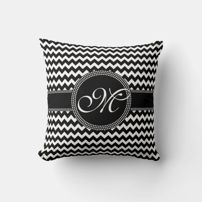 Coussin Monogramme noir et blanc chic élégant de Chevron (Recto)