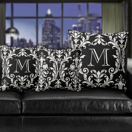 Coussin Monogramme noir et blanc Damas floral