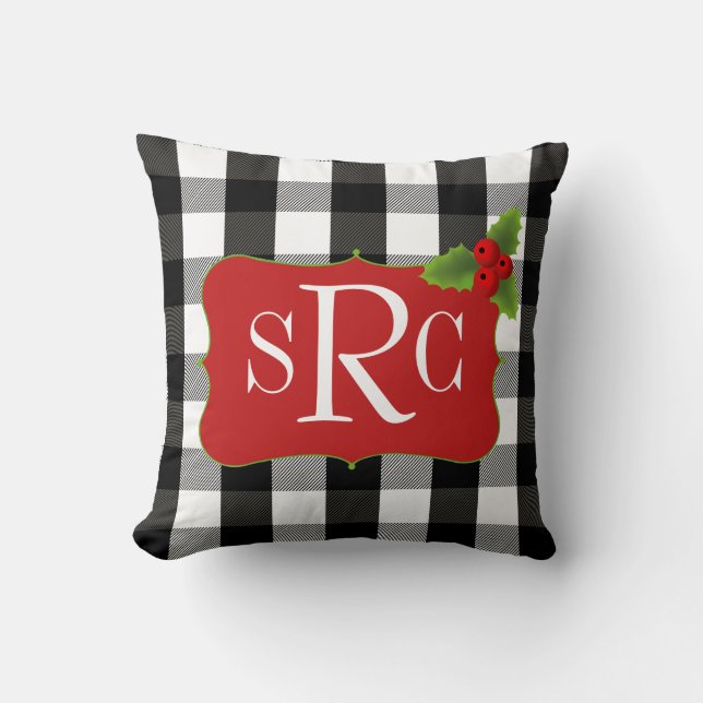 Coussin Monogramme noir et blanc de houx de plaid de Noël (Recto)
