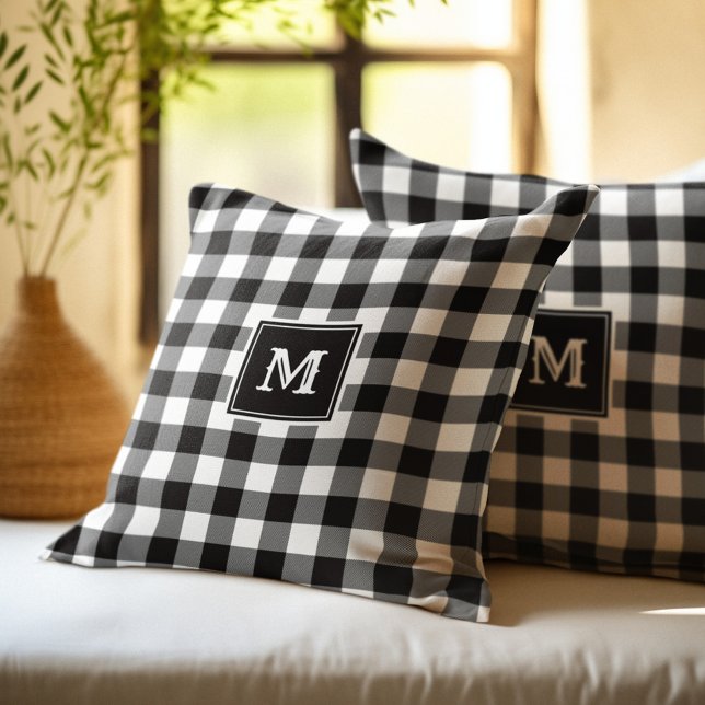 Coussin Monogramme noir et blanc Plaid de buffle (Créateur téléchargé)